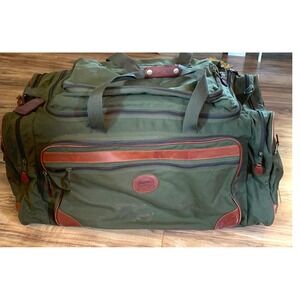 Vintage Cabela's Large Duffle Bag Olive Green Canvas Leather Trim Hunting Travel